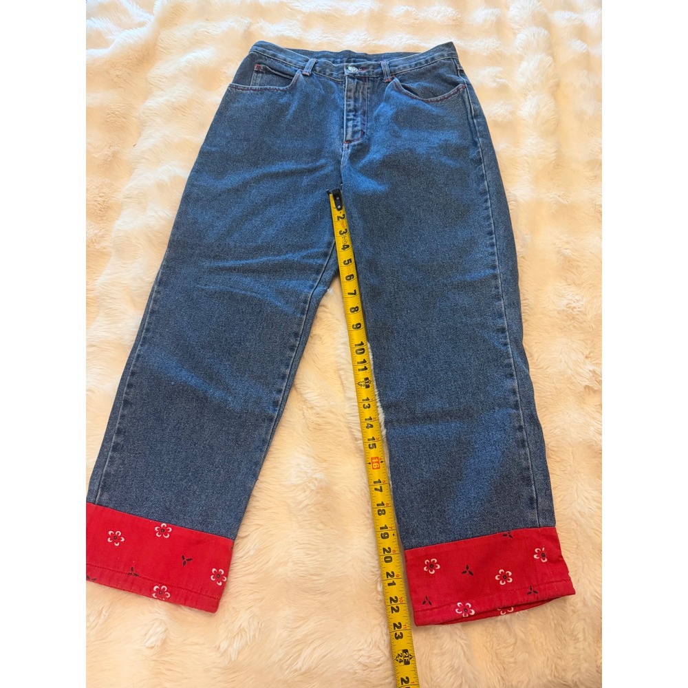 Baccini Vintage High Waisted Bandana Cuff Jeans Red Floral Contrast Stitch 6 - Picture 5 of 7